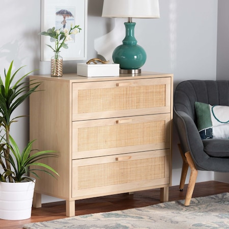 Baxton Studio Sebille Mid-Century Modern Light Brown Finished Wood 3-Drawer Storage Chest with Natural Rattan 207-12464